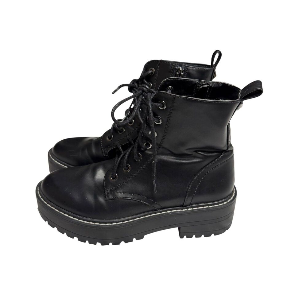 Stradivarius Combat Boots Faux? Leather Lug Sole Women Black 37 US 7